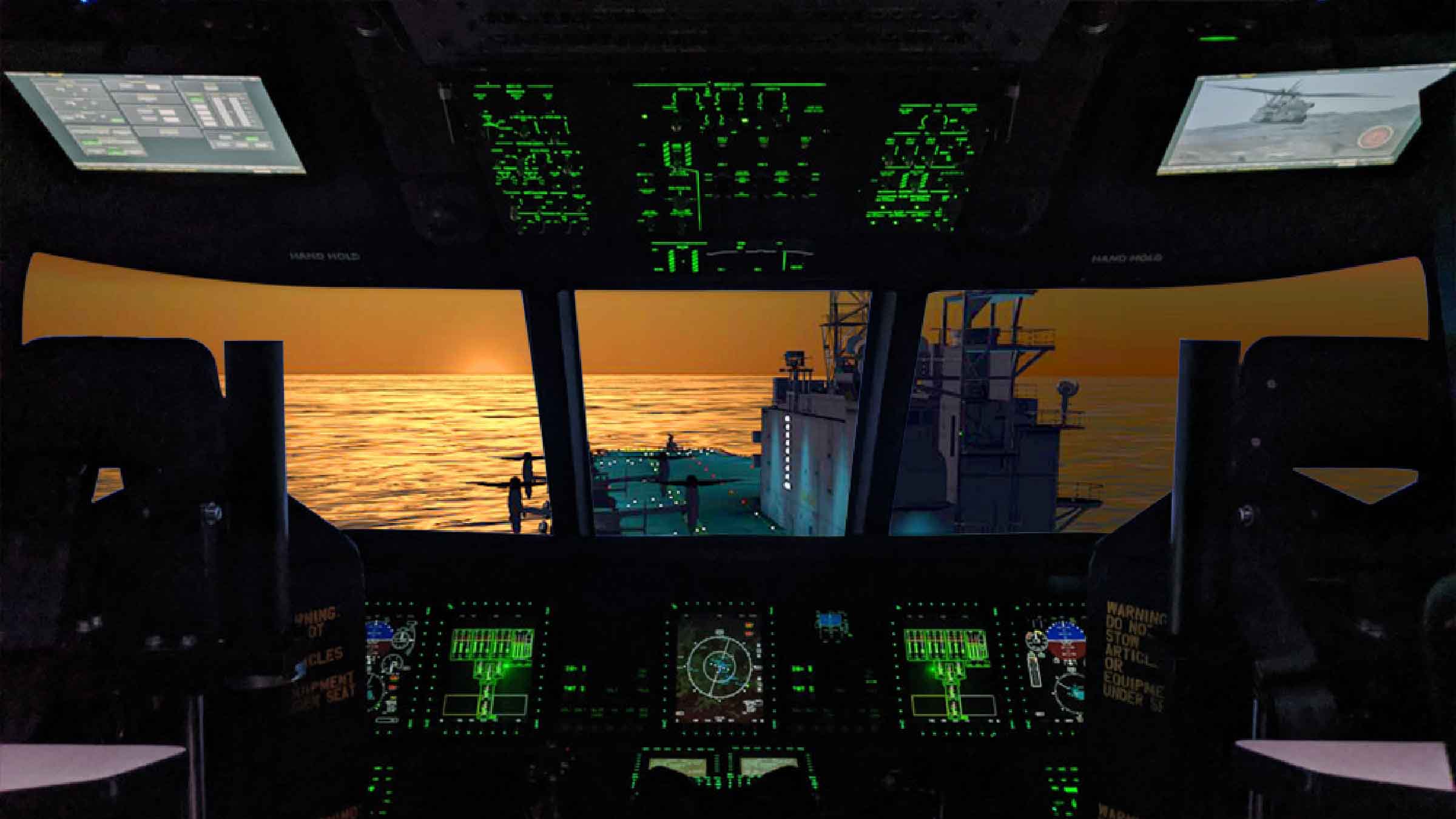 A view of the ocean from the cockpit of a military aircraft, with a warship visible on the horizon.