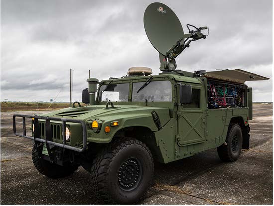 A military-grade humvee, equipped with a satellite communications dish, demonstrating By Light's communications products and services.