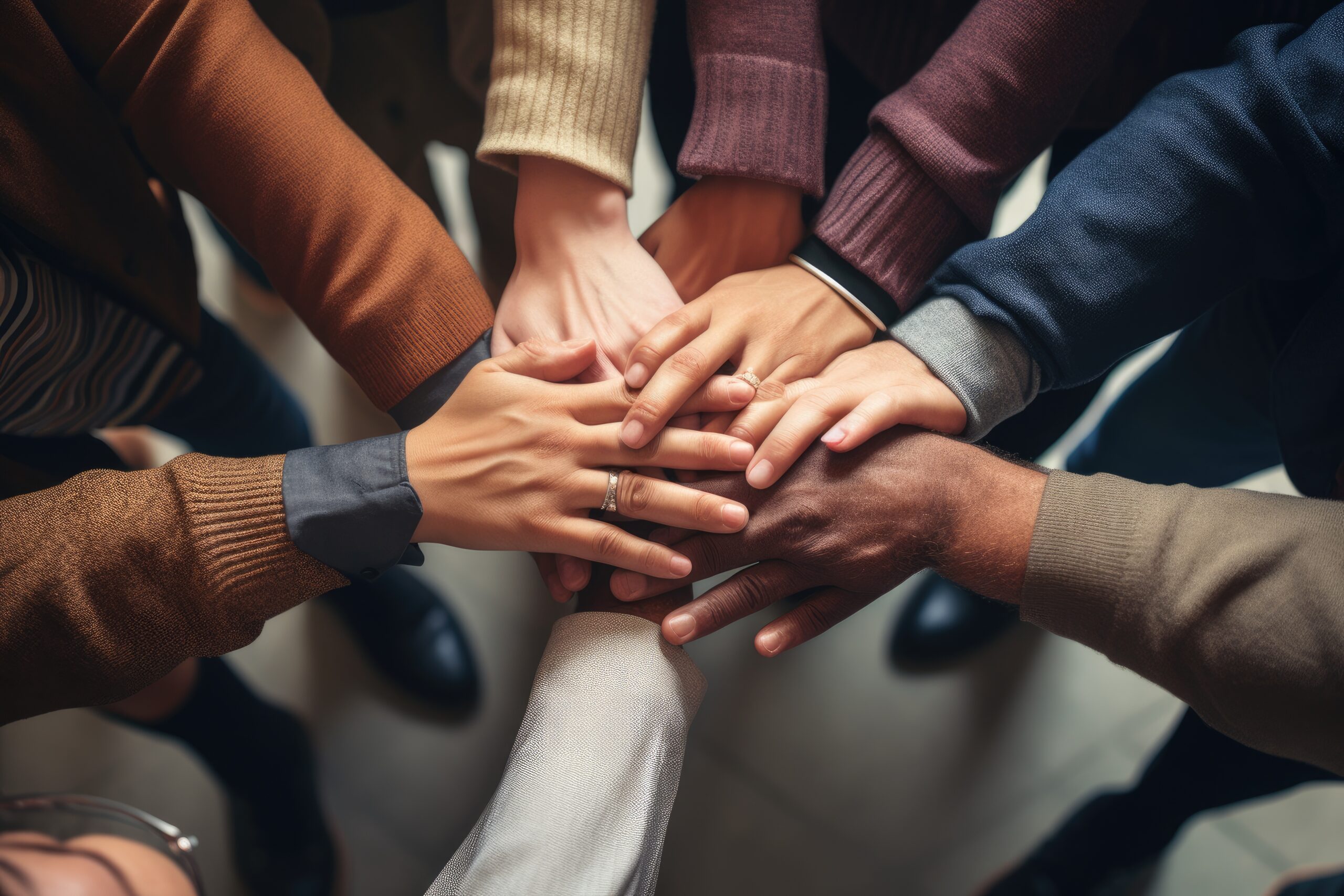 Group of diverse people joining hands together. Teamwork concept. Top view, Group of diverse hands holding each other support together teamwork aerial view, AI Generated