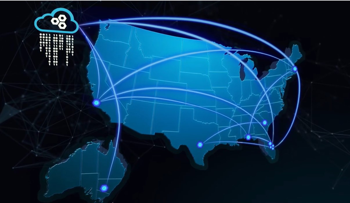 Map showing various states connected through cloud technology, used as the thumbnail image for the Cyber TRIDENT Video.