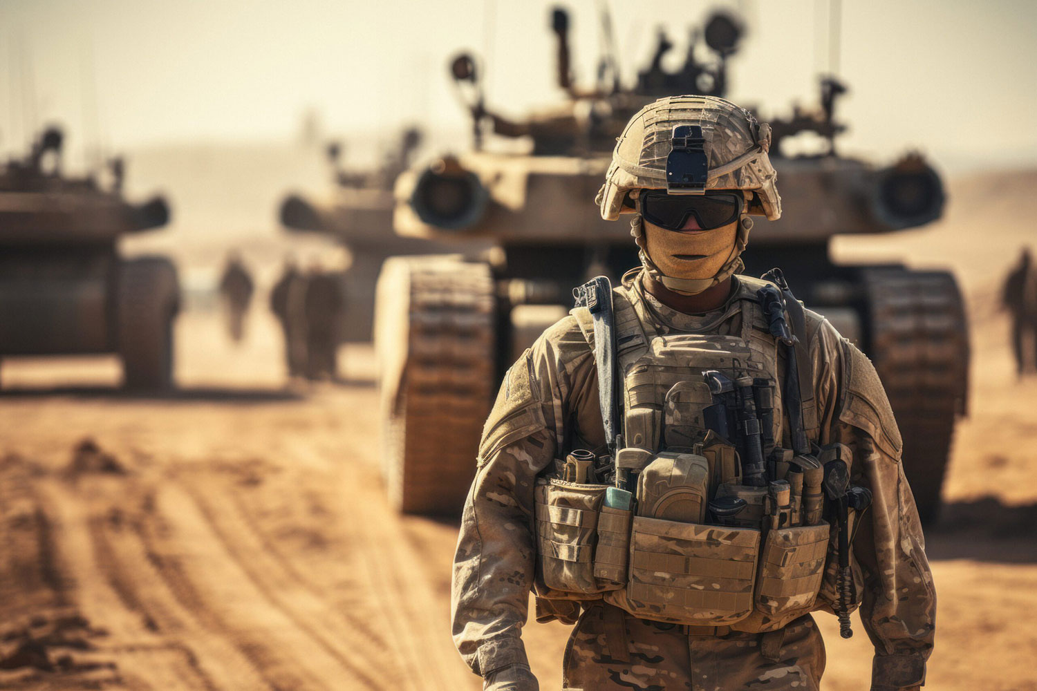 Soldier in helmet and military ammunition in the desert