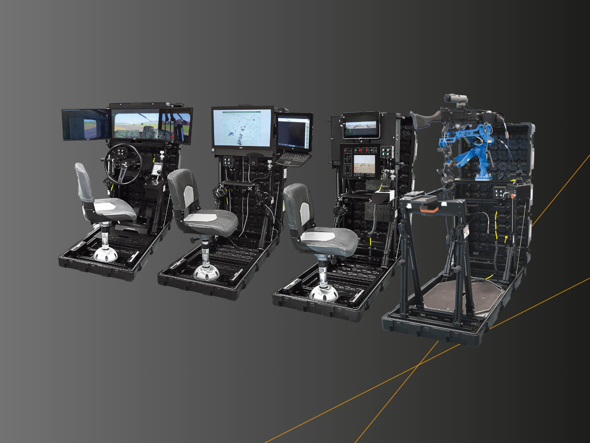 A lineup of advanced flight simulator training stations, featuring various cockpit setups and instruments for cyber professionals and pilot training in virtual environments.